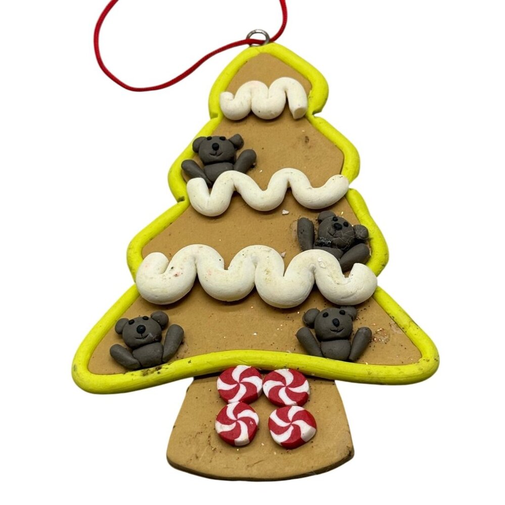 Clay Christmas Tree Ornament With Bears & Peppermint Design 4" READ